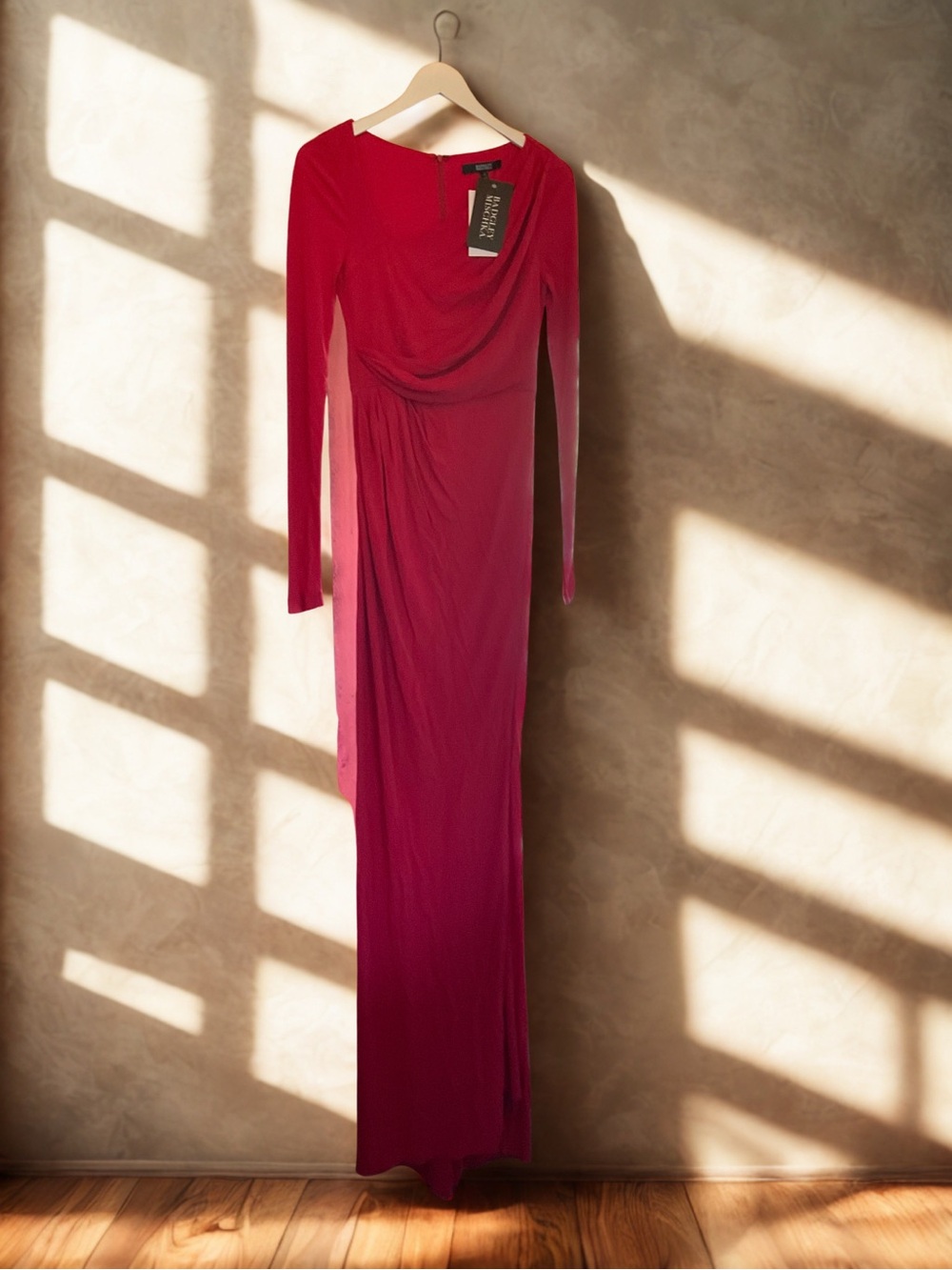 Badgley Mischka Red Long-Sleeve Draped Maxi Dress